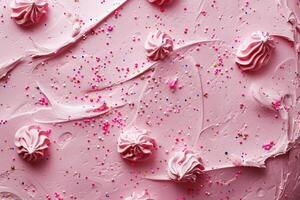 Pink frosting cake decorated with swirls and sprinkles photo