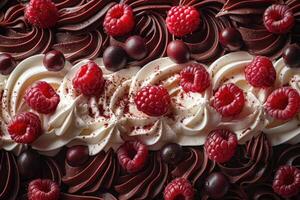 Delicious Chocolate Cake Decorated With Raspberries And Cherries photo