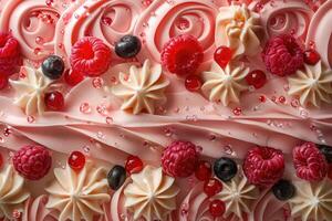 Pink frosting cake decorated with raspberries blueberries and cream photo