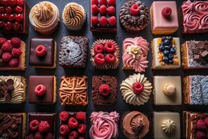 Assorted Mini Cakes And Pastries Arranged In Grid photo