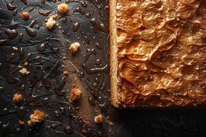Caramel Cake Slice with Crumbs and Drizzle photo