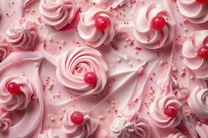 Pink Cake Frosting Decorated With Swirls And Sprinkles photo
