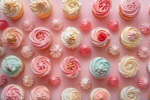 Assorted Cupcakes and Meringues Arranged on Pink Background photo
