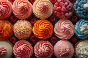 Assorted Cupcakes Decorated With Various Frostings And Toppings photo