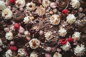 Delicious Chocolate Cake Decorated With Whipped Cream And Berries photo