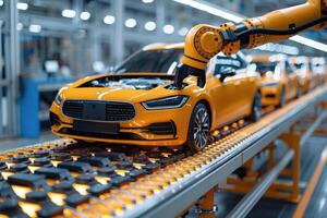 Robotic Arm Assembling Yellow Car On Assembly Line photo