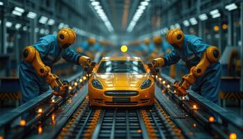 Robotic Workers Assemble Yellow Car On Assembly Line photo