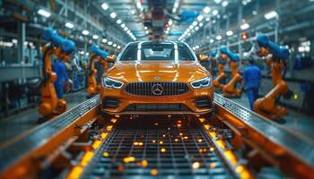 Orange Car Moves Along Automated Assembly Line photo