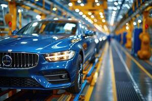 Blue Car Moves Along Assembly Line In Factory photo