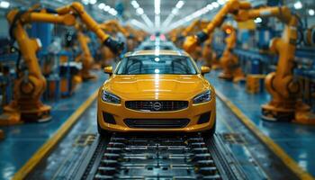 Yellow Car Assembly Line Robotic Manufacturing Process photo