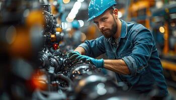 Industrial Worker Maintaining Complex Machinery Inside Factory photo