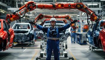 Female worker stands amidst automotive robots in a factory photo