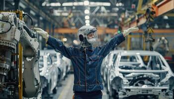 Female Worker Poses In Modern Car Factory photo