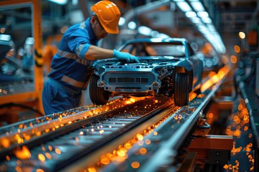 Automobile Factory Worker Assembling Car Body photo