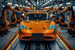 Orange Sports Car Assembly Line Robotic Production photo