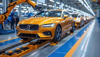 Automated Robotic Assembly Line Building Yellow Volvo Cars photo