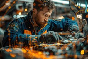 Mechanic Carefully Repairs Automobile Engine Components photo