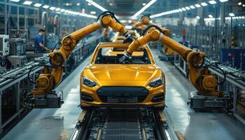 Robotic Arms Assemble Yellow Car On Factory Line photo