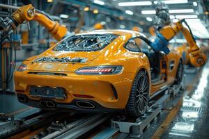 Yellow Sports Car Assembly Line Robotic Manufacturing Process photo