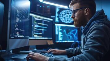 Programmer coding late at night in a dark room photo