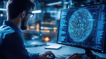 Programmer Working on Complex Network Data Visualization photo