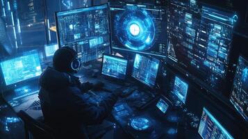 Hacker Working Multiple Screens Cyber Security Operation photo