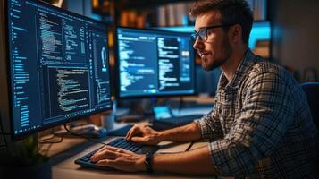 Programmer Coding Late Night on Multiple Computer Screens photo
