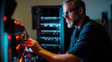 Man working with technology and red lights photo