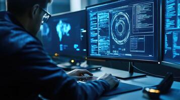 Programmer working late at night coding complex software photo
