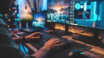 Gamer using keyboard and mouse at computer setup photo