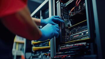 Technician installing computer hardware inside a server rack photo