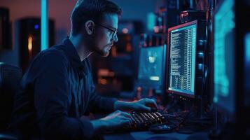 Programmer coding late at night in his room photo