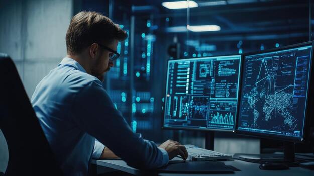 Man Working Late Analyzing Global Data Networks photo