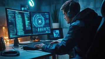 Hacker Working Late Night On Computer System photo