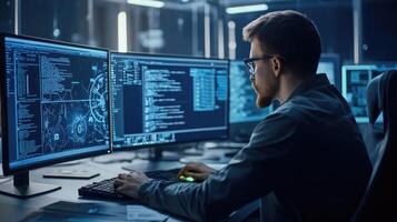 Programmer Working Late With Multiple Computer Screens photo