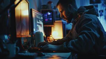 Man Working Late Night on Computer System photo