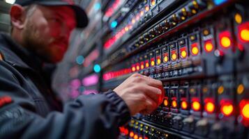 Technician working on server rack lights illuminated photo