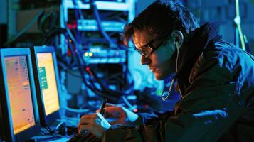 Man Works Late On Computer System Programming Code photo