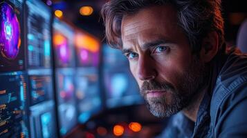Man intently focused on computer screens displaying data photo