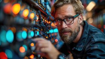 Technician working on complex technological equipment photo
