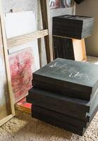 Set of finished oil canvas in artist studio photo