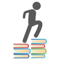 stylized man walking on books on grey background vector
