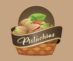 pistachios nut jar sticker in the form of a wicker basket on a light brown background vector