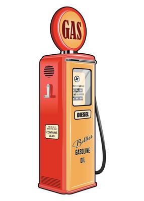 yellow and red retro petrol pump for refueling with fuel and indicator on white background