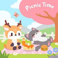 A cute and cheerful illustration of a deer and cat enjoying a relaxing picnic under a pink tree with delicious food vector