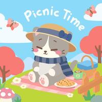 A charming kawaii style illustration of a cozy cat enjoying a peaceful picnic in nature. The cat, dressed in a stylish hat and scarf, sips tea and enjoys cookies on a soft picnic blanket. vector