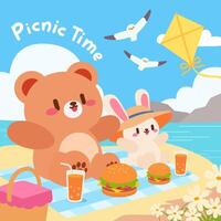A charming kawaii-style illustration of a bear and bunny enjoying a beach picnic with burgers, drinks, and a kite flying in the sky vector
