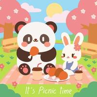 A charming kawaii style illustration featuring a panda and bunny enjoying a picnic under cherry blossom trees, sharing delicious food in a peaceful spring setting. vector
