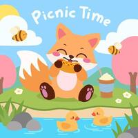 A cute illustration of a fox enjoying a picnic by the river, surrounded by nature, cheerful ducks, and buzzing bees vector