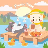 A heartwarming kawaii style illustration featuring two adorable cats enjoying a lakeside picnic at sunset. One cat relaxes on the dock while the other sips a refreshing drink vector